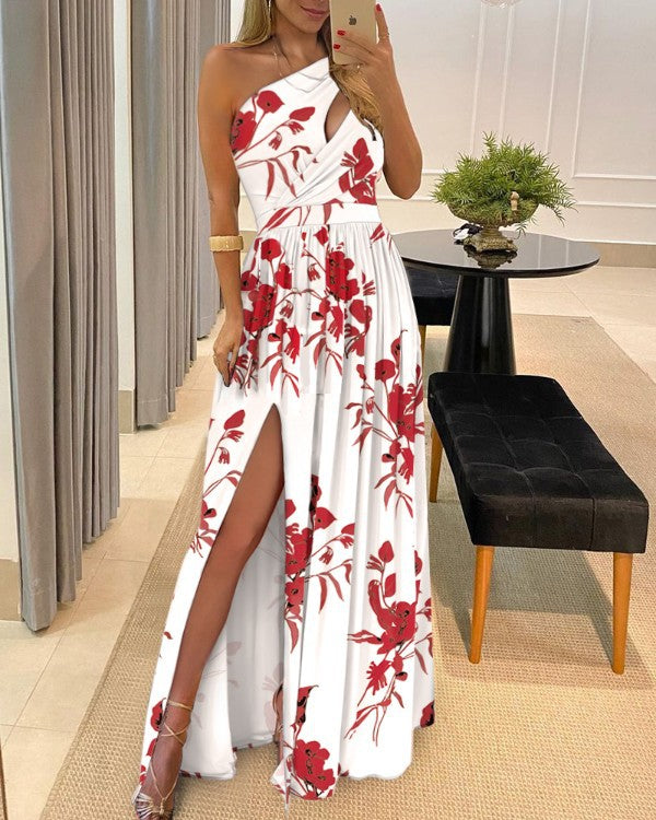 acelimosf™-One-shoulder cutout halterneck high-waisted slit maxi dress