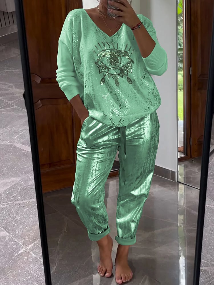 Evil Eye Gold Foil Top and Glittering Pants Set