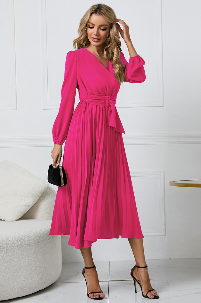 acelimosf™-Slim fit pleated belted V-neck dress