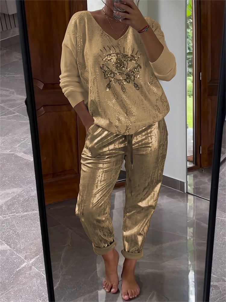 Evil Eye Gold Foil Top and Glittering Pants Set