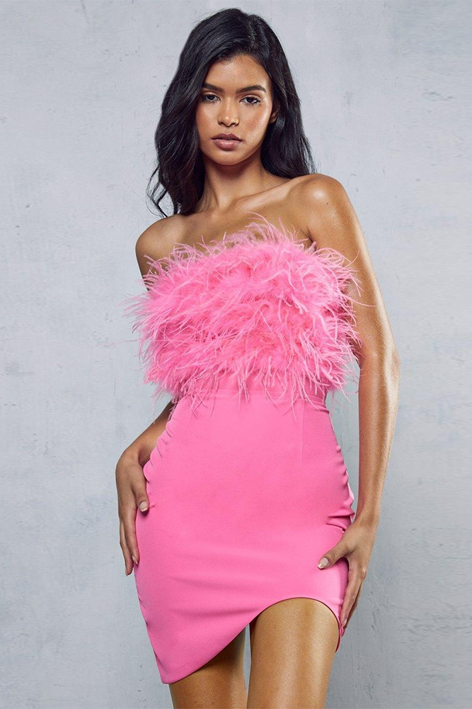 acelimosf™-Backpack exposed ostrich feather fringed tube top dress