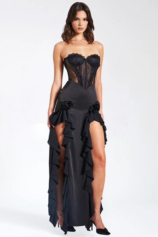 acelimosf™-Strapless dress ruffled slimming high slit evening dress