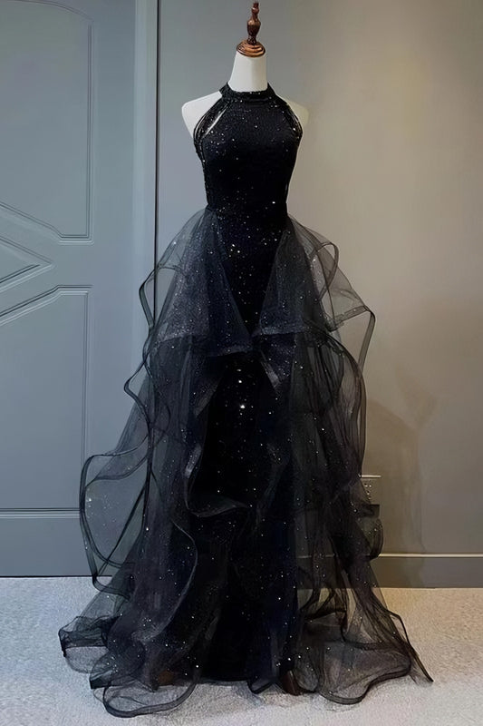 acelimosf™-Black sequined evening gown with train