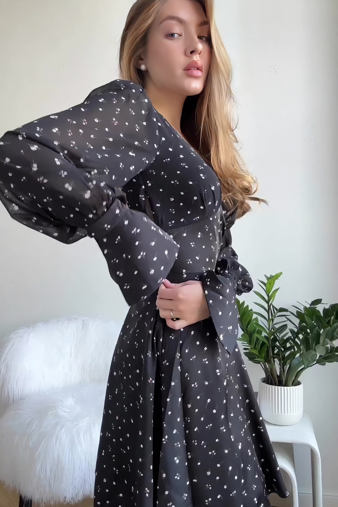 acelimosf™-Polka dot long sleeve v-neck dress sexy backless women's clothing