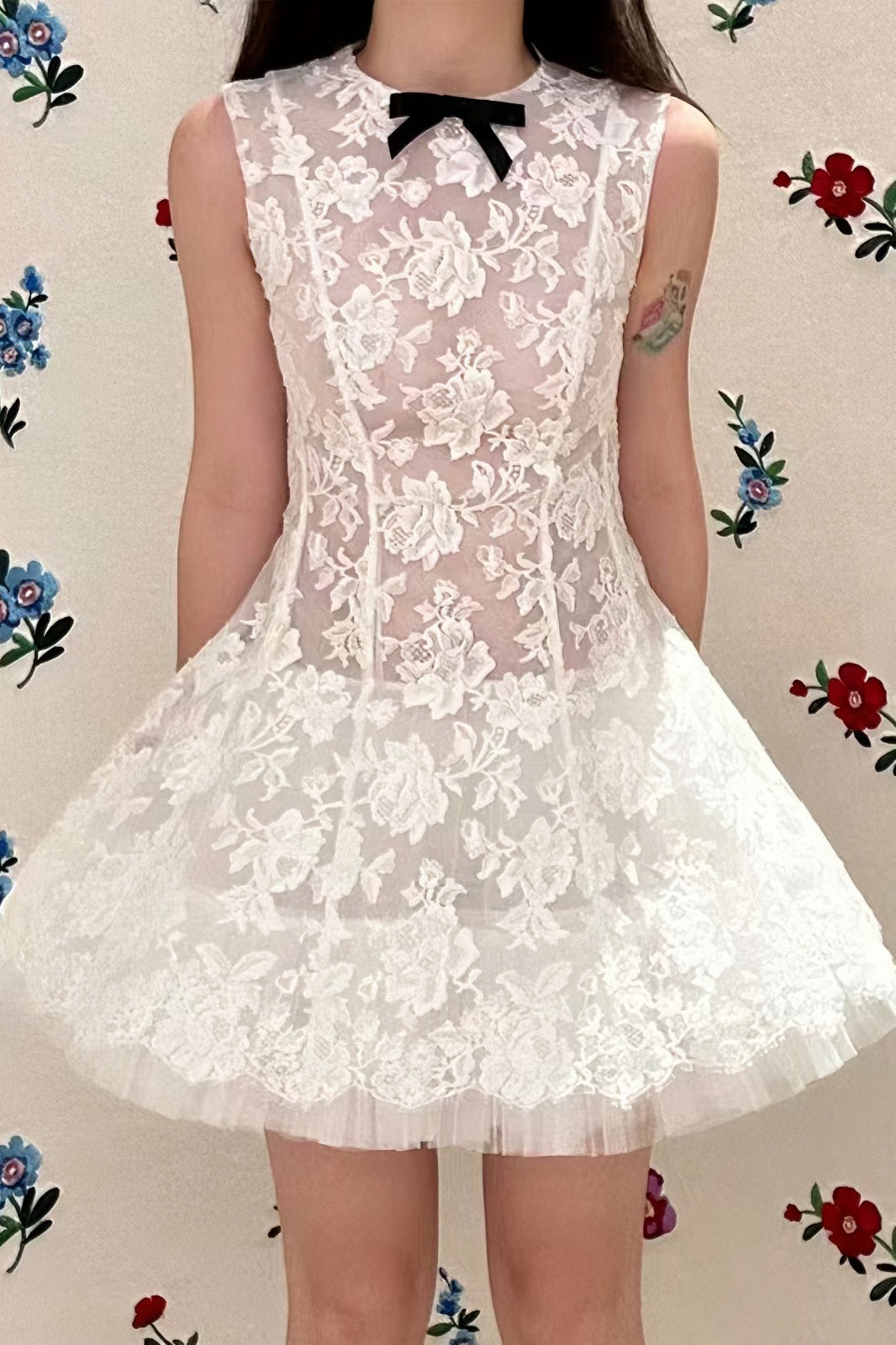 acelimosf™-Round Neck Sleeveless Lace Waist Mesh Tulle Puffy Dress