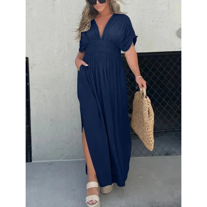 acelimosf™-  SLIT V-NECK EFFORTLESS MAXI LONG DRESS