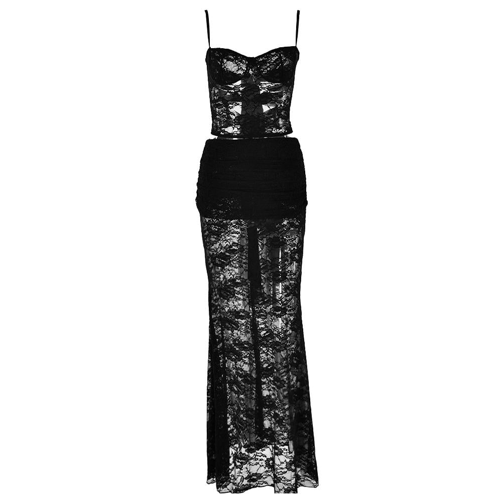 acelimosf™-Sweetheart neck ruffle lace see through cami maxi skirt set