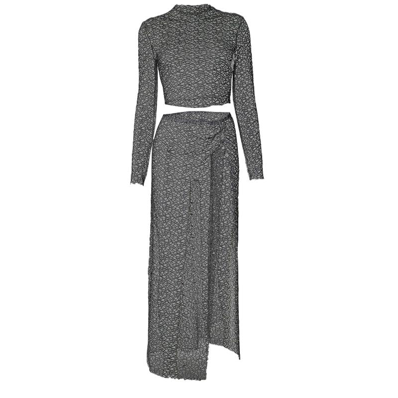 acelimosf™-Long sleeve fishnet see through high slit maxi skirt set