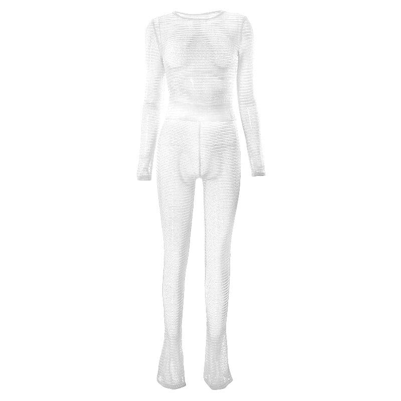 acelimosf™-Long sleeve textured crewneck see through solid pant set y2k 90s Revival Techno Fashion