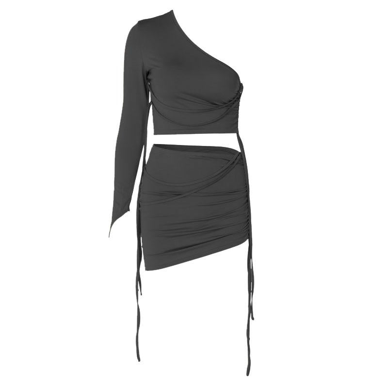 acelimosf™-Long sleeve solid drawstring ruched one shoulder crop top skirt set