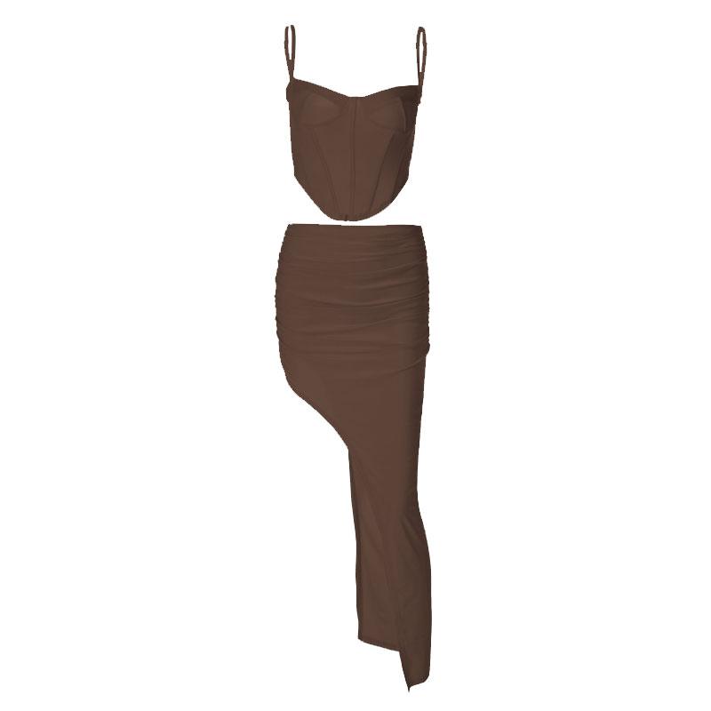 acelimosf™-Low cut solid corset slit ruched backless cami maxi dress set