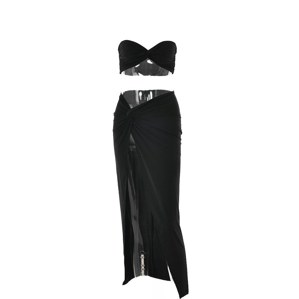 acelimosf™-Slit knotted solid sweetheart neck tube midi skirt set