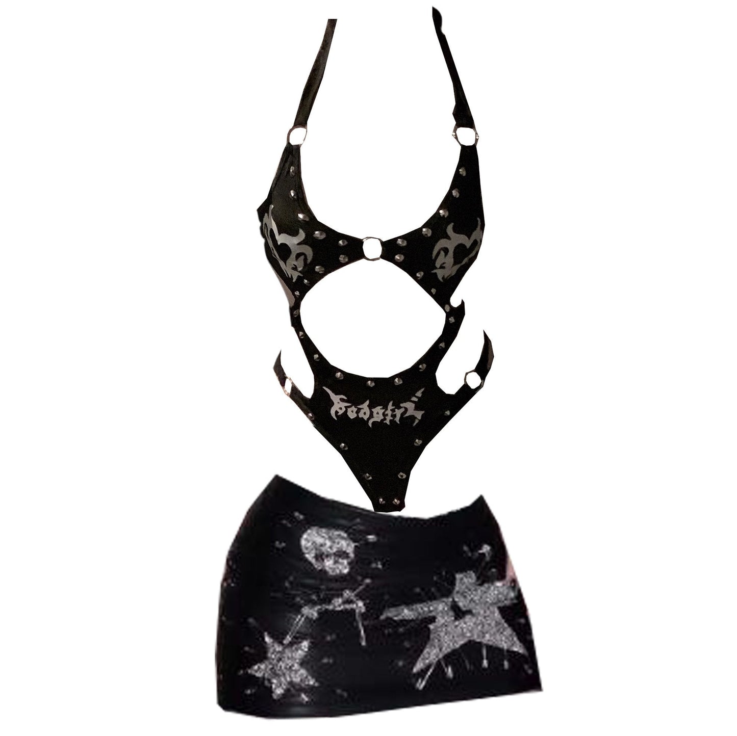 acelimosf™-Halter beaded skeleton print o ring mini skirt set