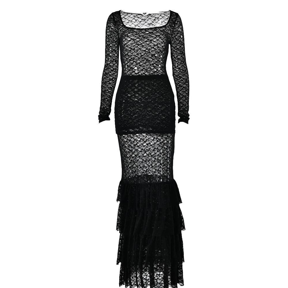 acelimosf™-Long sleeve lace see through ruffle maxi skirt set