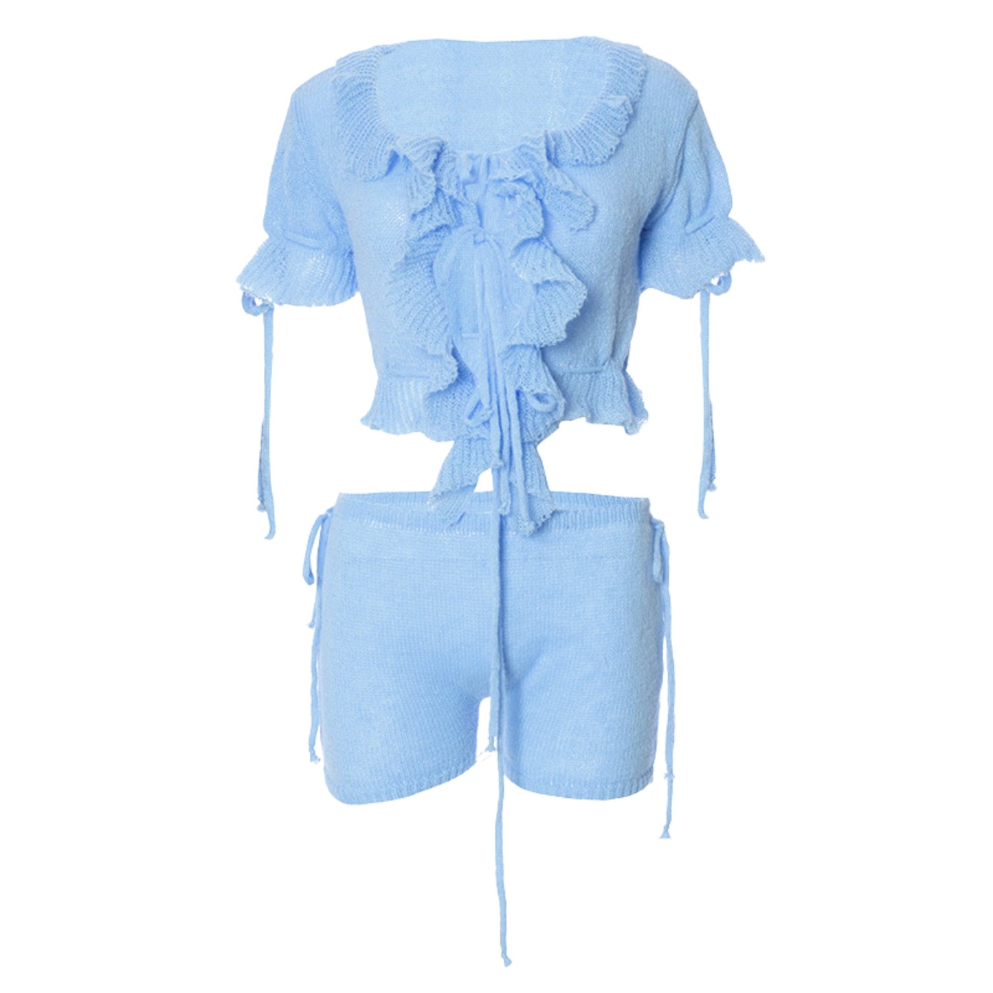 acelimosf™-Short sleeve ruffle knitted drawstring ruched pant set