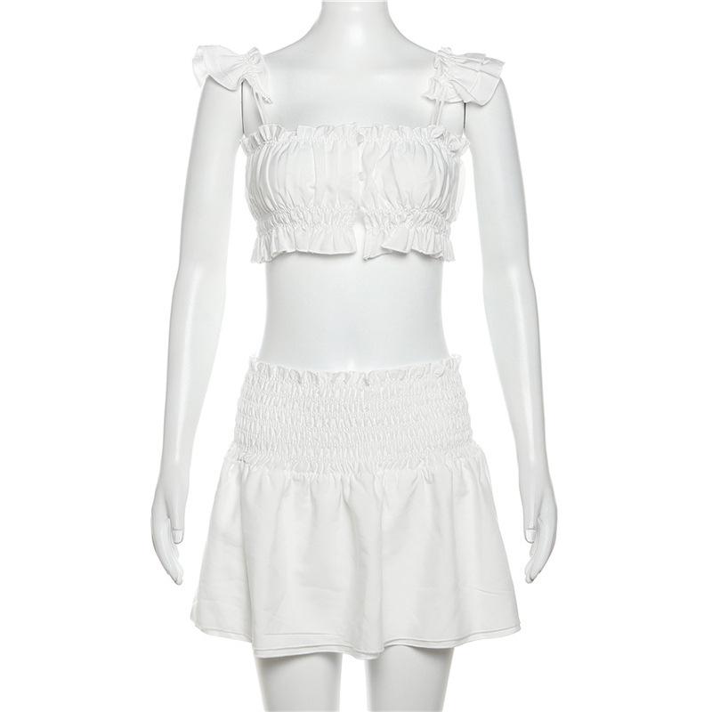 acelimosf™-Smocked ruched cap sleeve solid ruffle mini skirt set