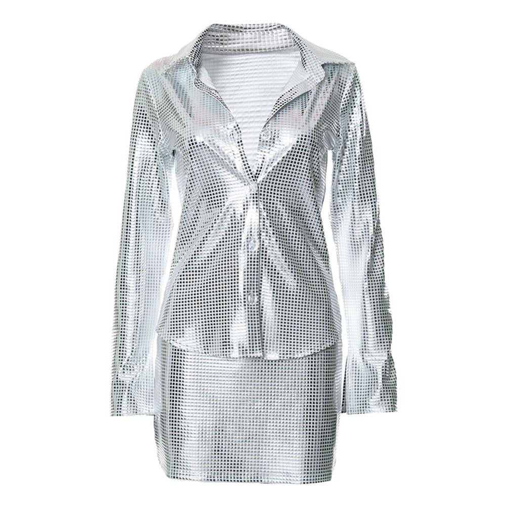 acelimosf™-Metallic button turnover collar long sleeve mini skirt set