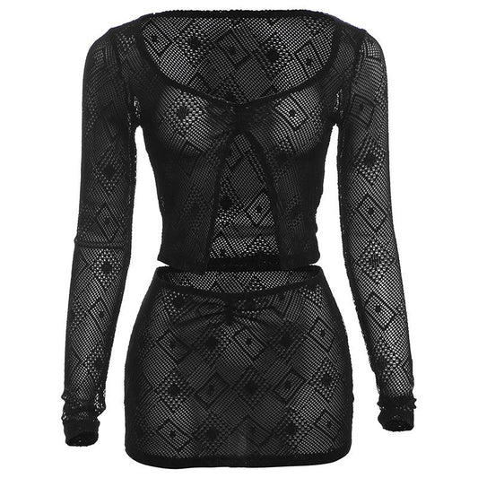 acelimosf™-See through hollow out slit long sleeve mini skirt set