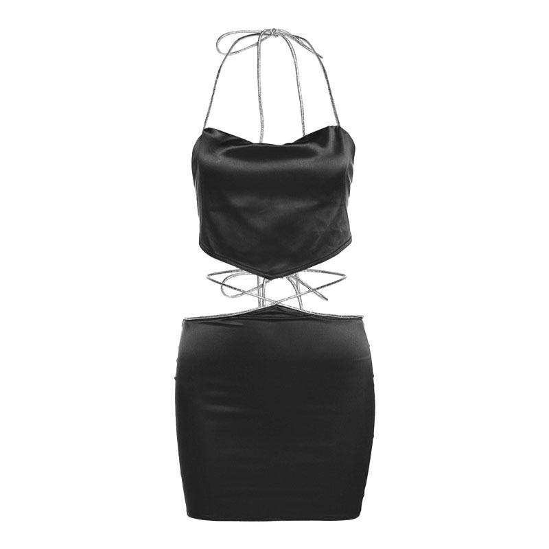 acelimosf™-Halter self tie backless zip-up solid cowl neck mini skirt set y2k 90s Revival Techno Fashion