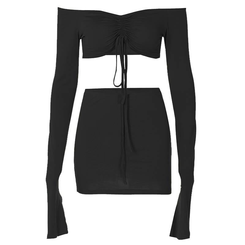 acelimosf™-Drawstring off shoulder long sleeve solid mini skirt set