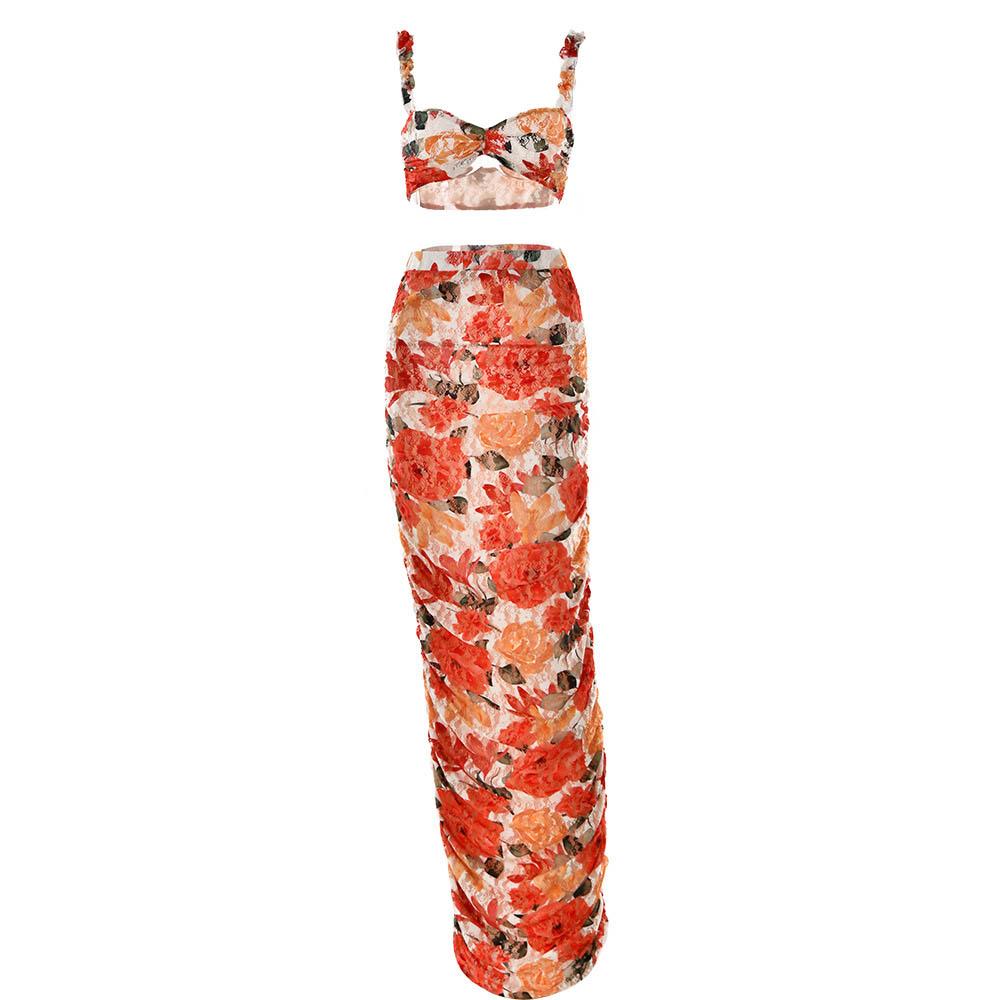 acelimosf™-Flower print ruffle contrast ruched lace maxi skirt set