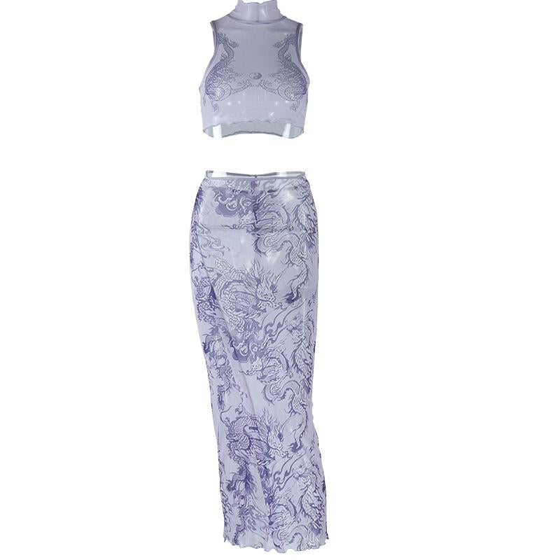 acelimosf™-High neck dragon print sheer mesh ruffle midi skirt set