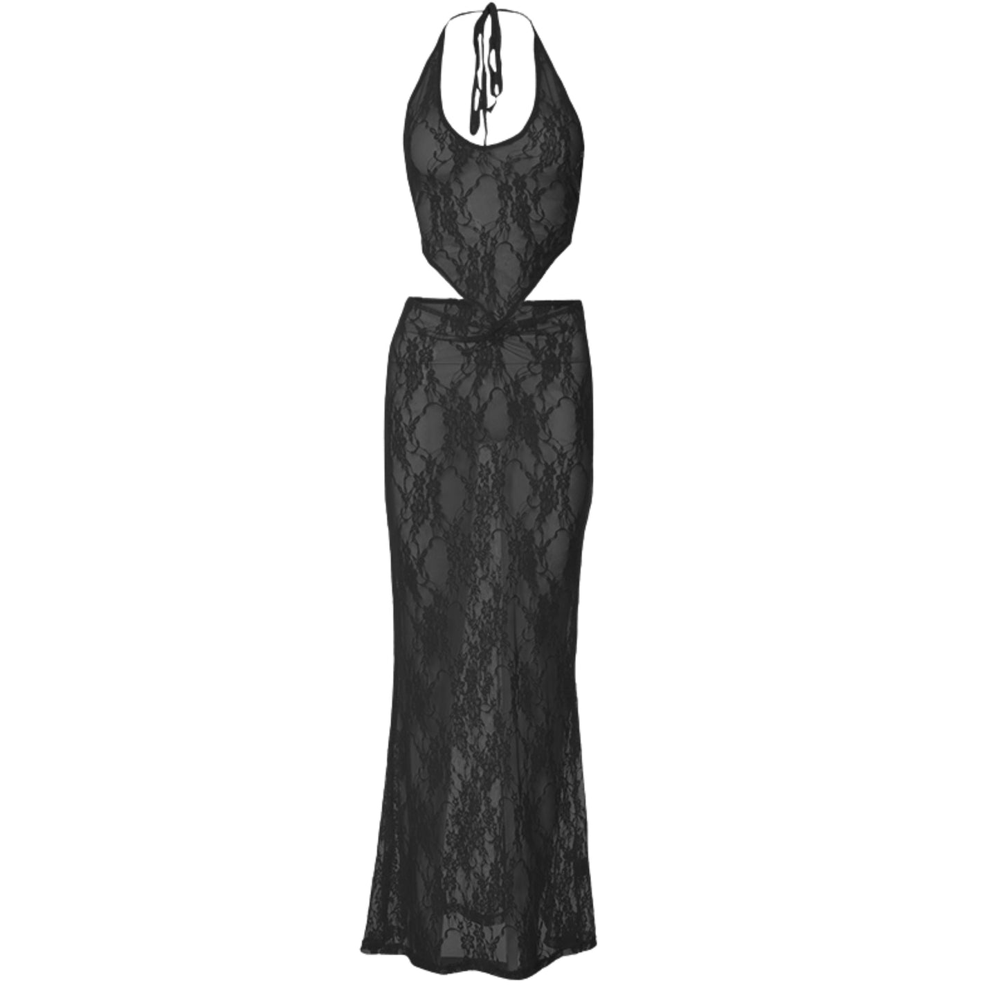 acelimosf™-Halter u neck lace see through ruched backless maxi skirt set