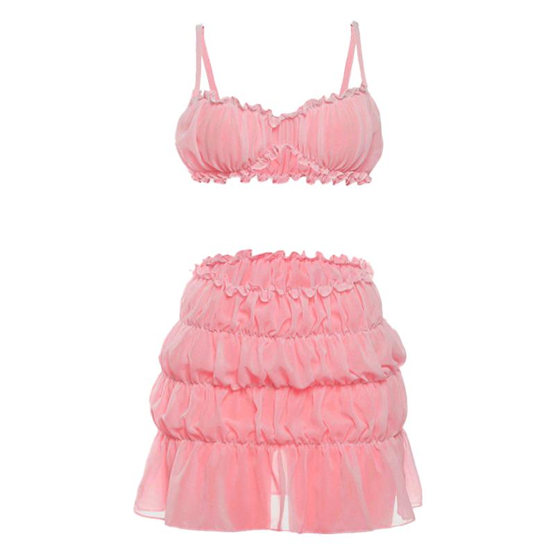 acelimosf™-Ruffle ruched solid cami mini skirt set