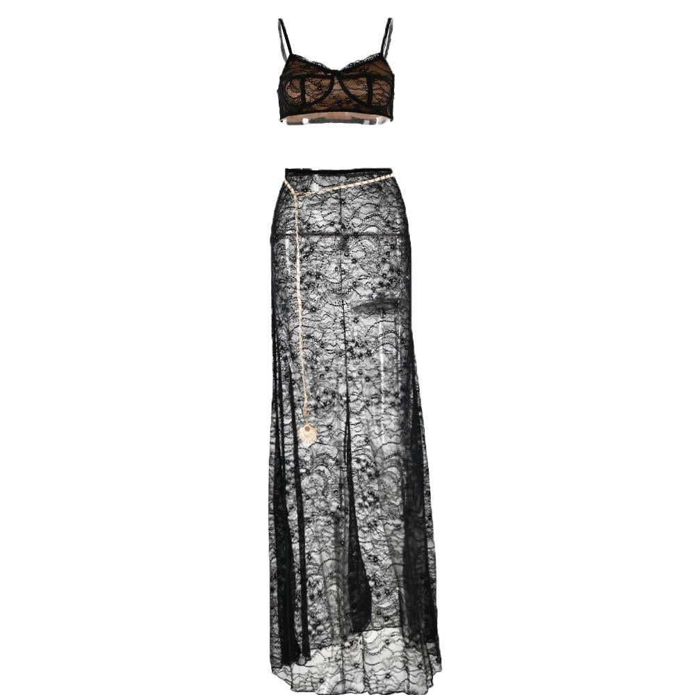 acelimosf™-Lace see through v neck contrast cami maxi skirt set