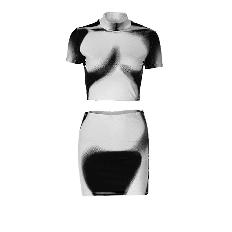 acelimosf™-Short sleeve high neck contrast body print mini skirt set y2k 90s Revival Techno Fashion