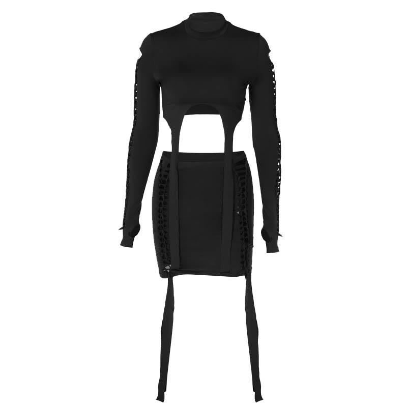 acelimosf™-Hollow out high neck long sleeve solid gloves ribbon mini skirt set