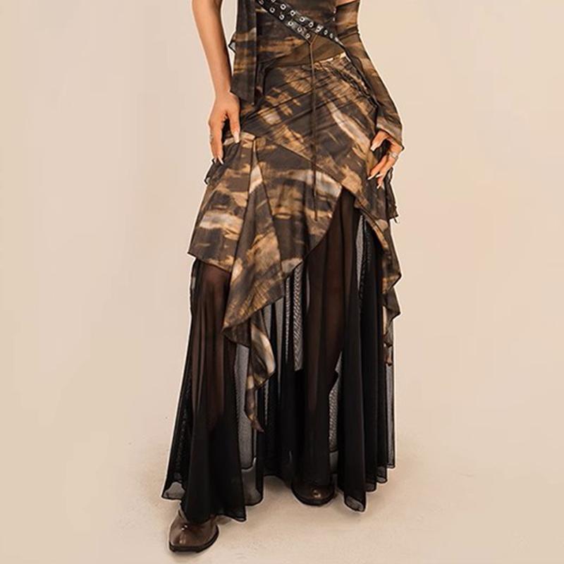 acelimosf™-Irregular cross back lace up print mesh gloves maxi skirt set