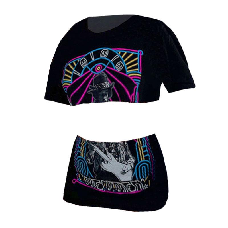 acelimosf™-Crewneck short sleeve abstract contrast mini skirt set y2k 90s Revival Techno Fashion