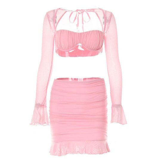 acelimosf™-Mesh hollow out solid ruffle long sleeve ruched mini skirt set