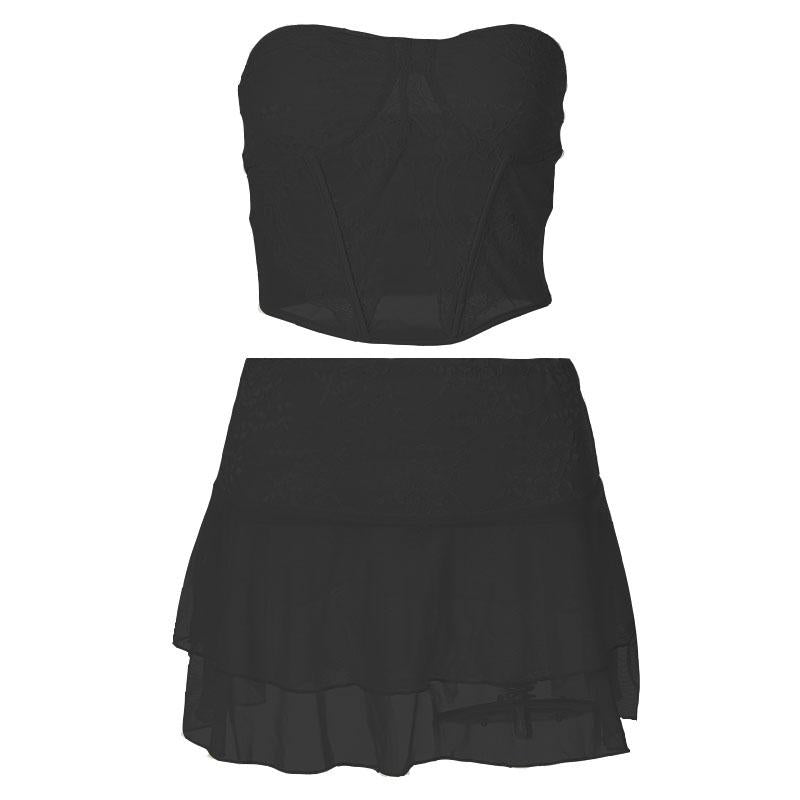 acelimosf™-Mesh solid sleeveless backless lace hem tube top skirt set