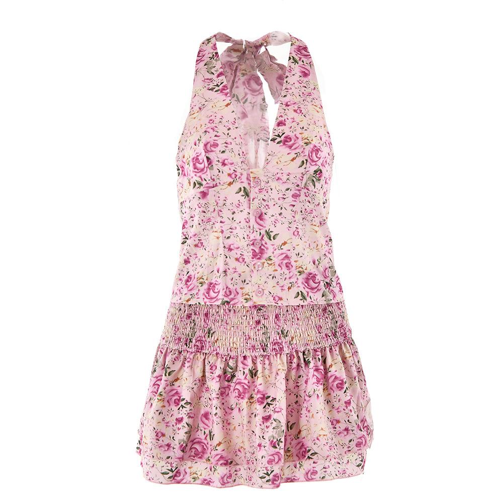 acelimosf™-Halter smocked button flower print mini skirt set