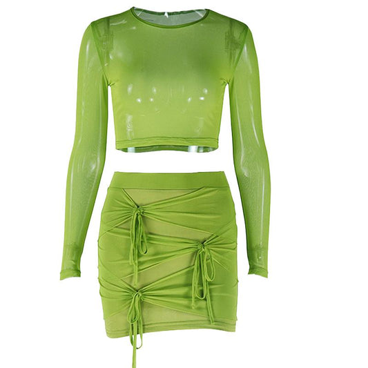 acelimosf™-Long sleeve mesh see through knotted mini skirt set