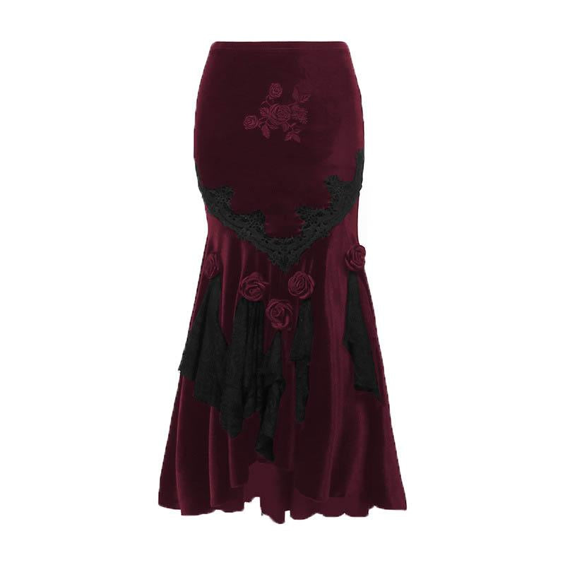 acelimosf™-Velvet embroidery flower applique lace hem ruched maxi skirt