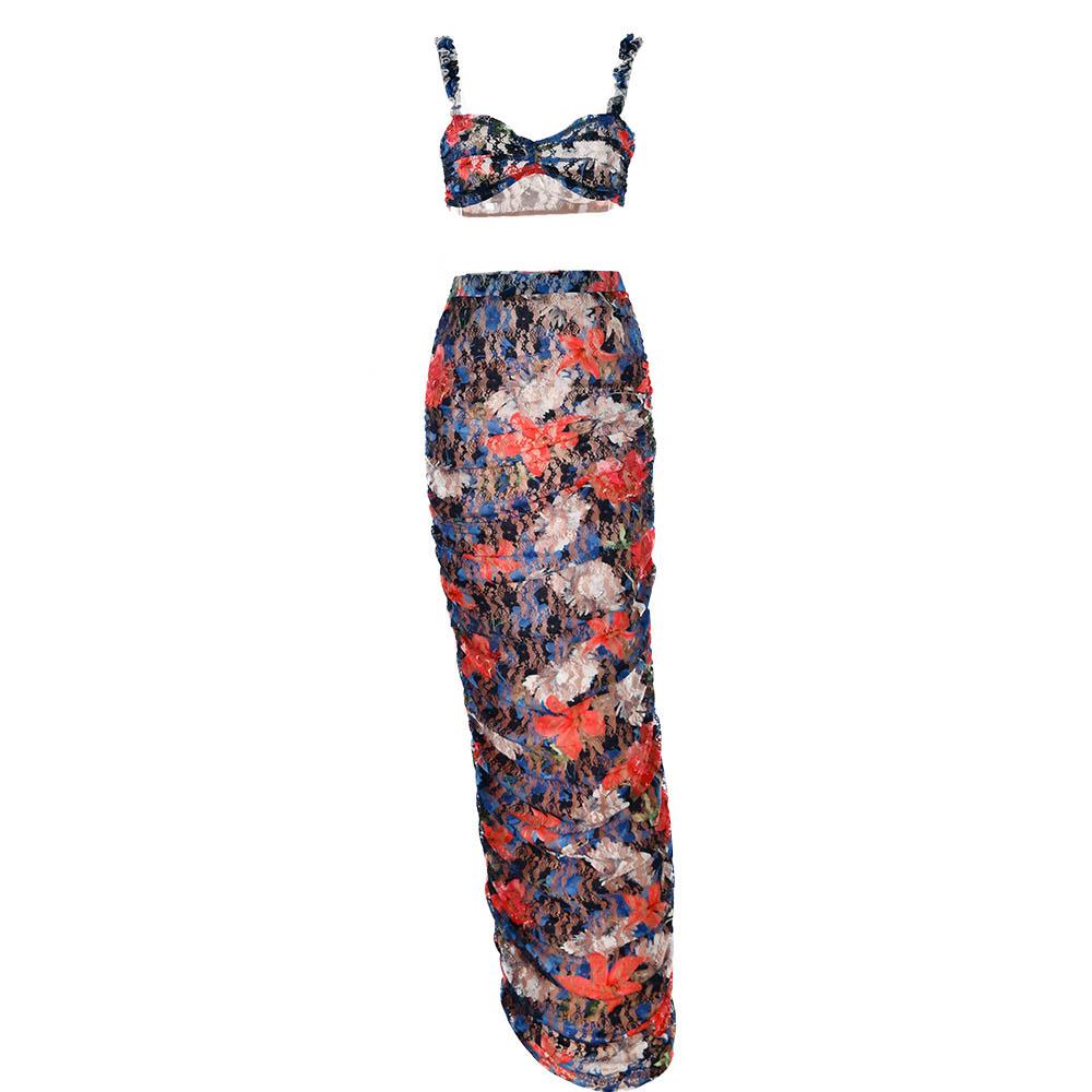 acelimosf™-Flower print ruffle contrast ruched lace maxi skirt set