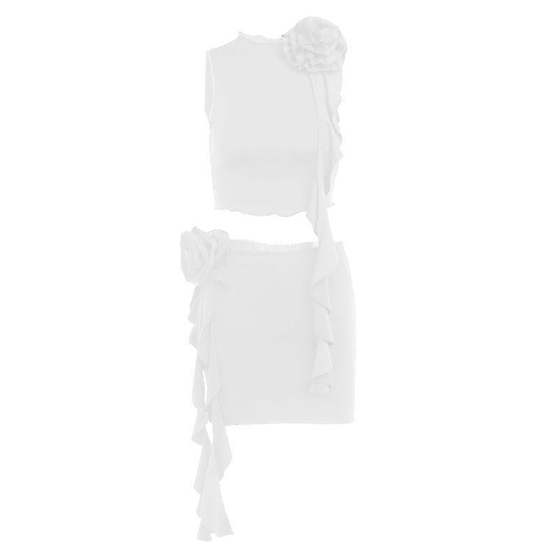 acelimosf™-Solid ruffle flower applique sleeveless mini skirt set