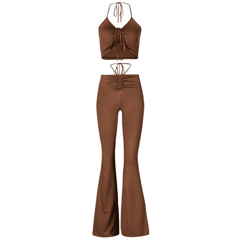 acelimosf™-Self tie halter drawstring ruched backless solid flared pant set