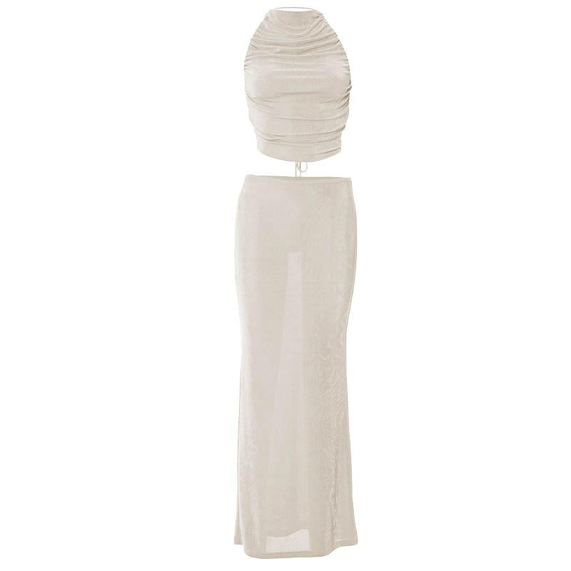 acelimosf™-Halter solid backless self tie ruched maxi skirt set