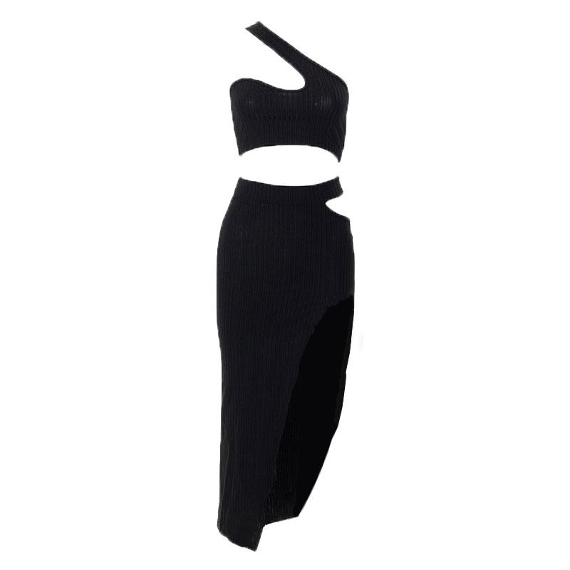 acelimosf™-Ribbed solid one shoulder hollow out slit irregular midi dress