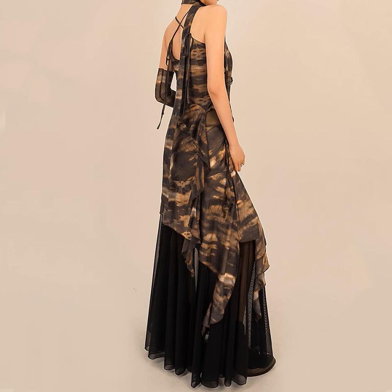 acelimosf™-Irregular cross back lace up print mesh gloves maxi skirt set