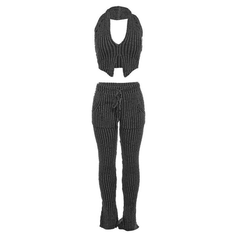 acelimosf™-Textured striped contrast halter slit pocket v neck pant set