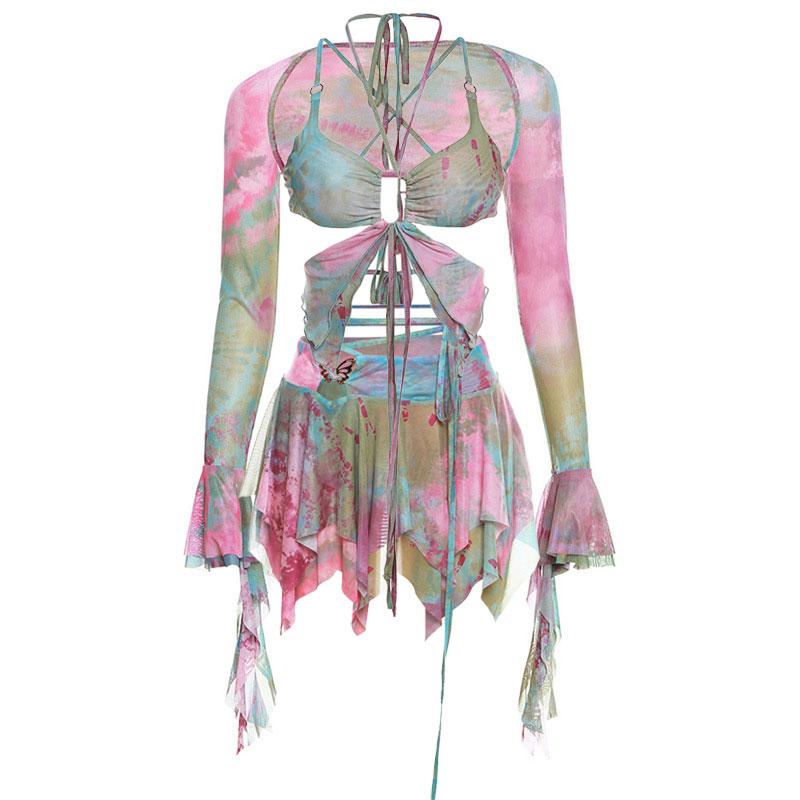 acelimosf™-Flared sleeve tie dye o ring self tie halter low cut mini skirt set