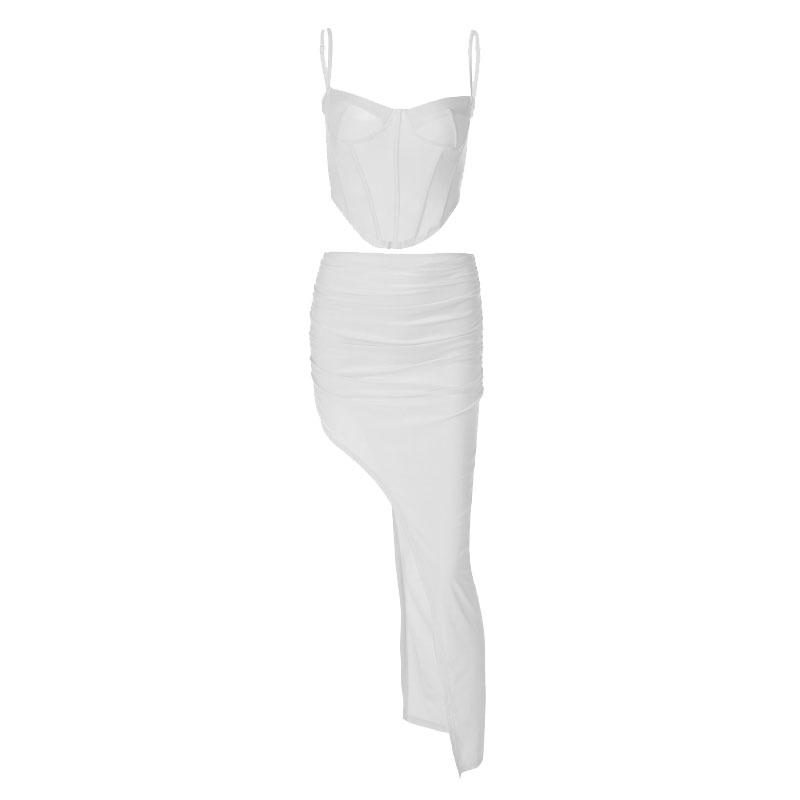 acelimosf™-Low cut solid corset slit ruched backless cami maxi dress set