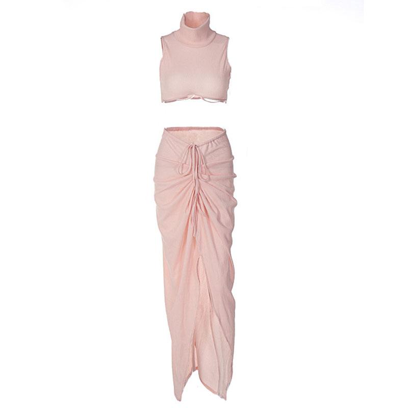 acelimosf™-Slit textured sleeveless high neck ruched solid maxi skirt set