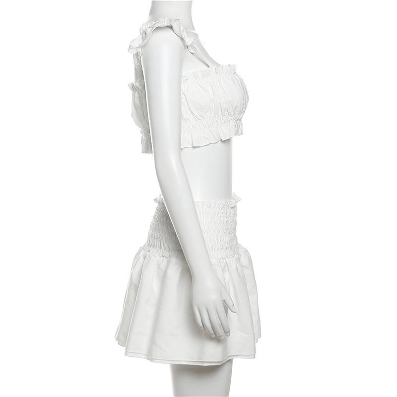 acelimosf™-Smocked ruched cap sleeve solid ruffle mini skirt set