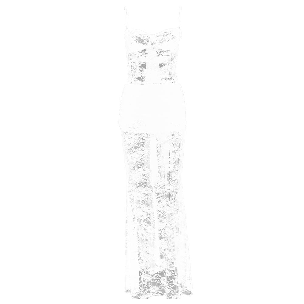 acelimosf™-Sweetheart neck ruffle lace see through cami maxi skirt set